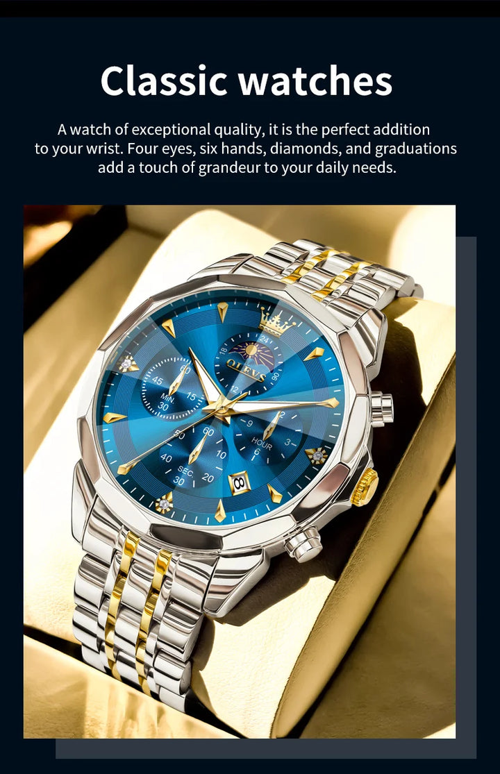 OLEVS 3673 Mens Watch Original Business Brand Quartz Watch Rhombus Mirror Waterproof Luminous Automatic Date Moon Phase Watch