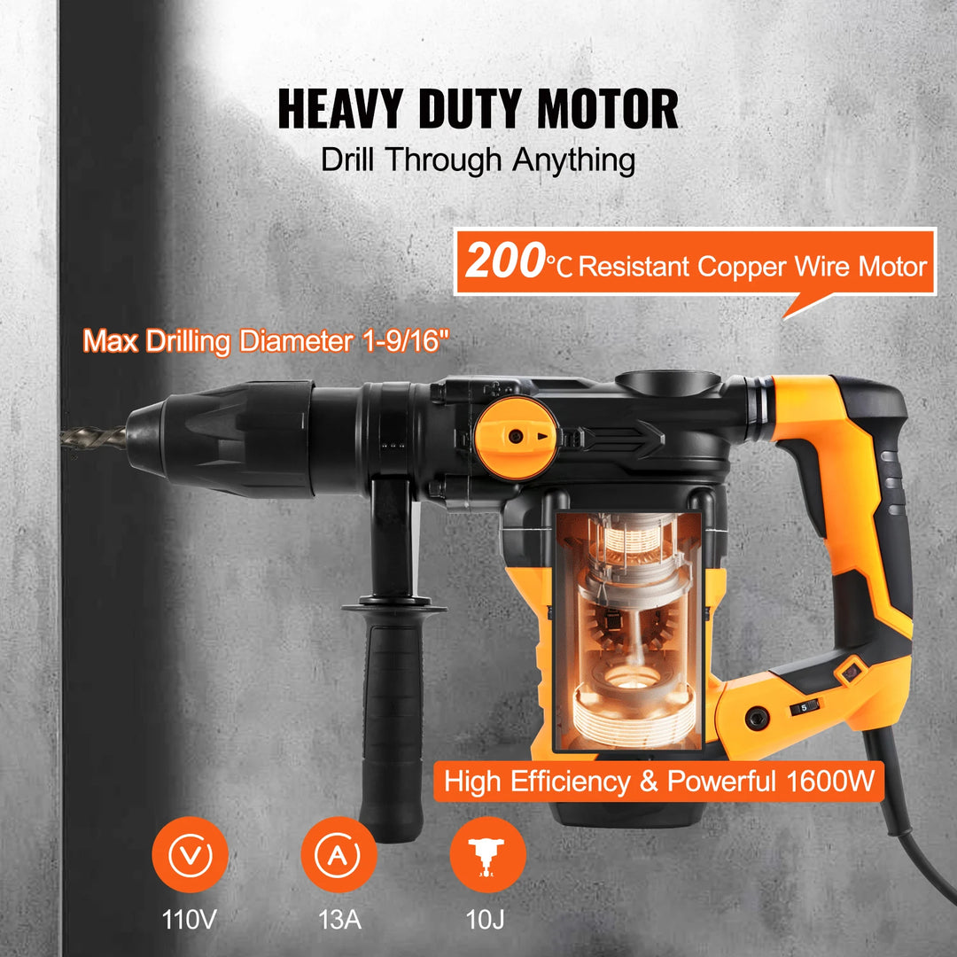 VEVOR 1600W Rotary Hammer Drill Max Drilling 42mm 3 Modes SDS Max Corded Demolition Chipping Metal Concrete Breaker Jackhammer