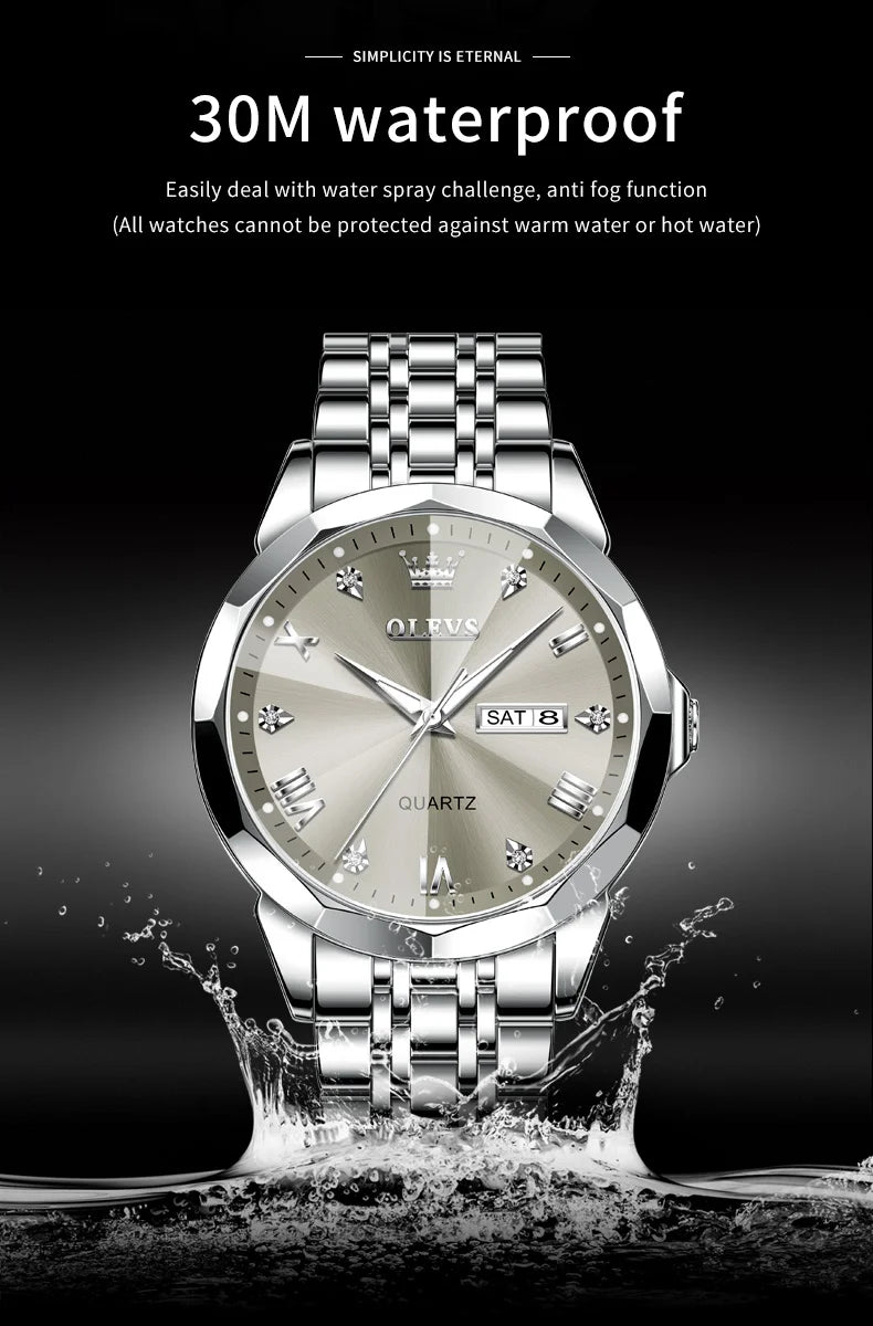 OLEVS Men's Watches Causal Fashion Original Quartz Watch for Man Waterproof Stainless Steel Luminous Date Week Trend Dress Reloj
