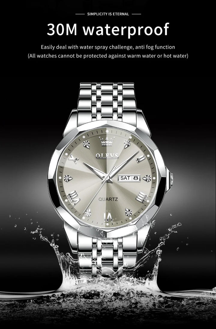 OLEVS Men's Watches Causal Fashion Original Quartz Watch for Man Waterproof Stainless Steel Luminous Date Week Trend Dress Reloj