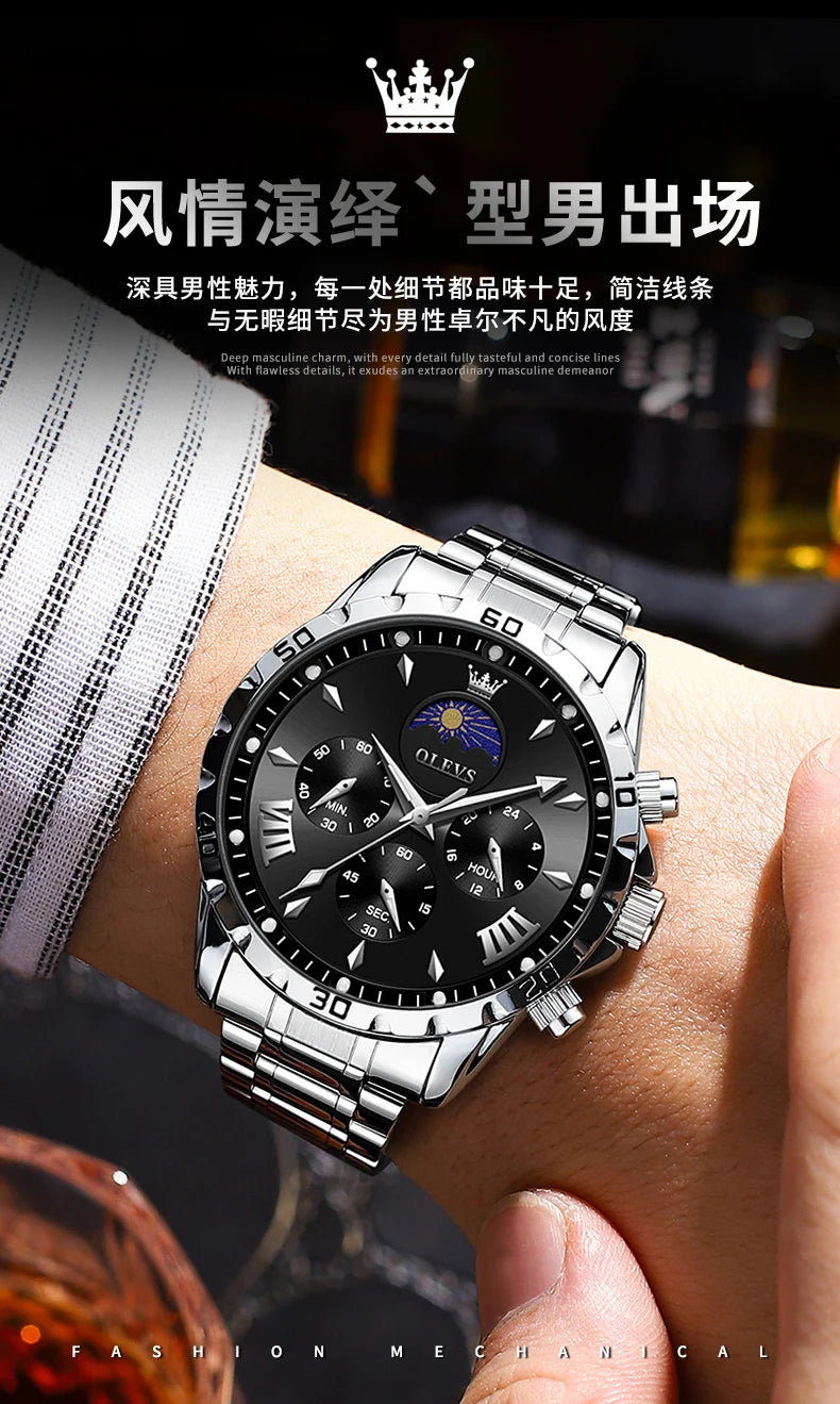 OLEVS Original Moon Phase Men Watches Luminous Skeleton Waterproof Quartz Watch Calendar Chronograph Stainless Steel Wristwatch