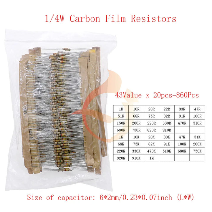 1/8W 1/4W 1/2W 1W 2W 3W 5W Carbon Film Resistors Assortment Kit 5% Electronic Components resistor package