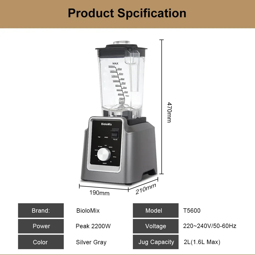 BioloMix Digital BPA FREE 2L Automatic Professional Blender, Juicer Food Processor Ice Smoothies Fruit, FREE GIFT 600ml dry jar