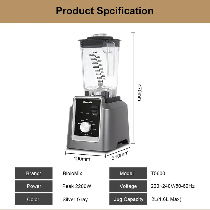 BioloMix Digital BPA FREE 2L Automatic Professional Blender, Juicer Food Processor Ice Smoothies Fruit, FREE GIFT 600ml dry jar