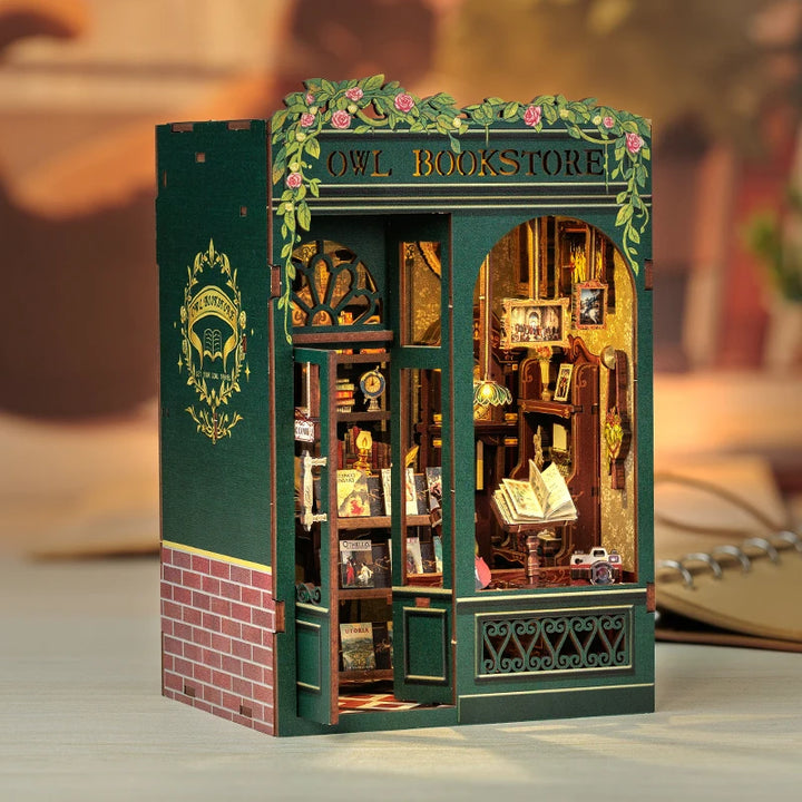 CUTEBEE Bookstore Book Nook with Light DIY Miniature Wooden Dollhouse for Decor Gift Bookshelf Insert Kit 3D Puzzle