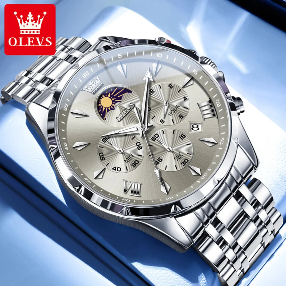 OLEVS Top Moon Phase Fashion Men's Watches Stainless steel Waterproof Quartz Watch for Man Calendar Luminous Daily Wristwatch