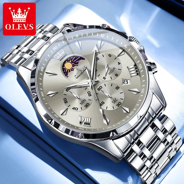 OLEVS Top Moon Phase Fashion Men's Watches Stainless steel Waterproof Quartz Watch for Man Calendar Luminous Daily Wristwatch