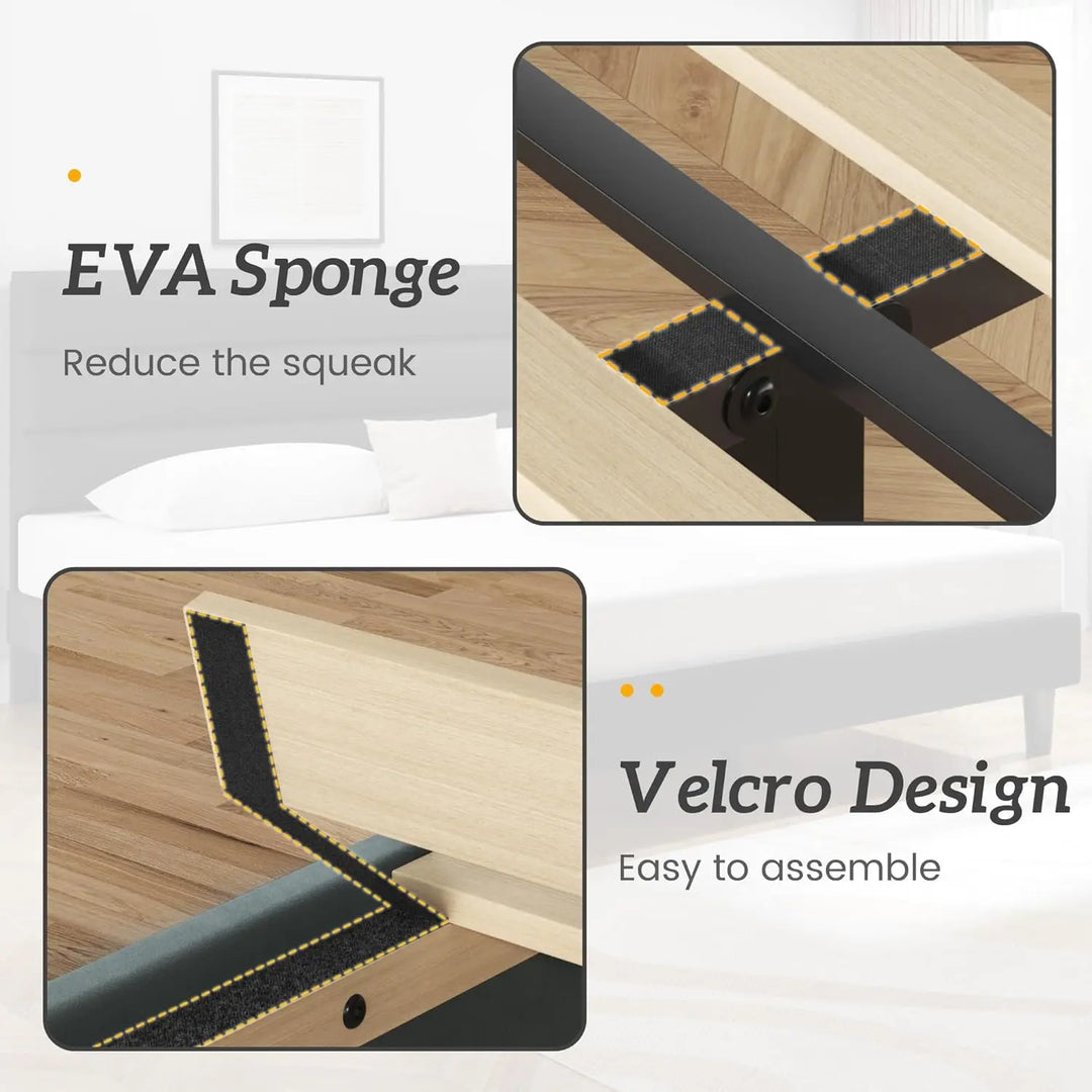 Queen Size Bed Frame, Velvet Padded Headboard, Metal Support, Easy To Assemble, Storage Space, No Spring Box Required