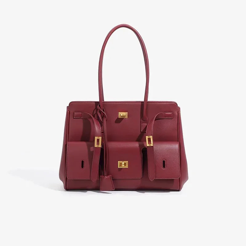 Luxury Brand Silver Buckle Fashion Genuine Leather Handbag New Large Capacity Tote Bag Designer Women's Commuter Shoulder Bag