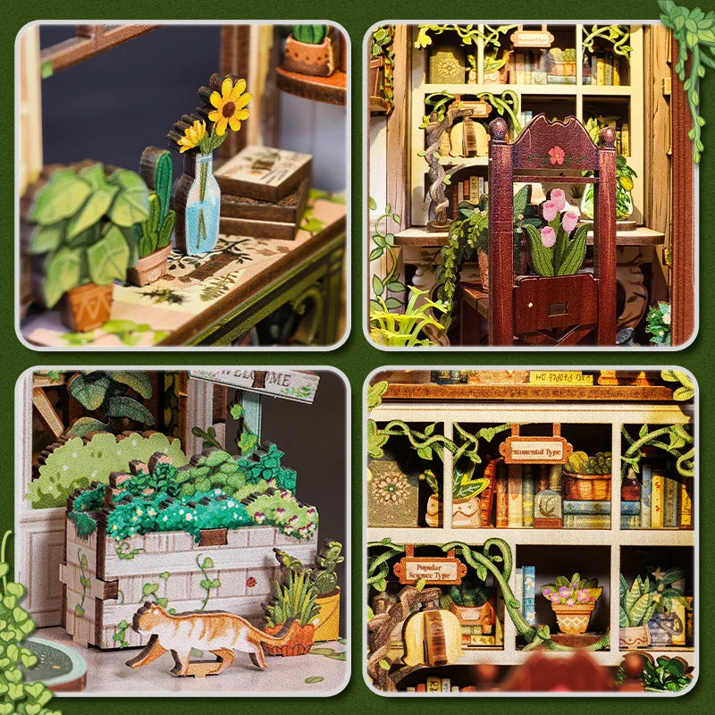 CUTEBEE Bookstore Book Nook with Light DIY Miniature Wooden Dollhouse for Decor Gift Bookshelf Insert Kit 3D Puzzle