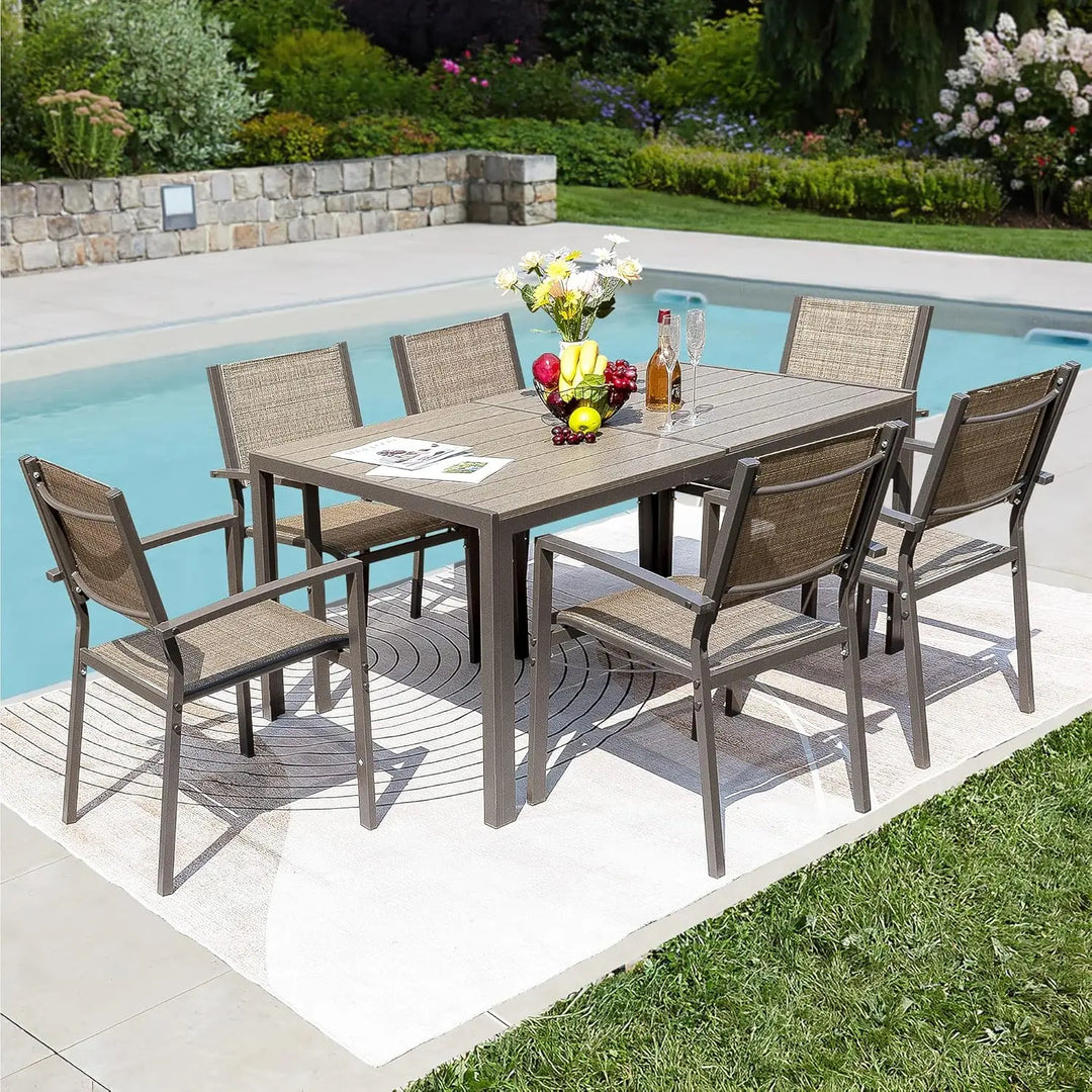 7 Piece Patio Dining Set Outdoor Furniture Set with Weather Resistant Table and 6 Stackable Textilene Chairs for Garden,