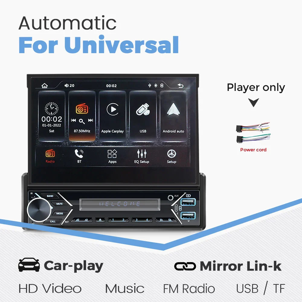 Universal 7" 1din Retractable Screen Car Radio Android Auto Carplay Multimedia Video Player Intelligent Vehicle System BT FM USB