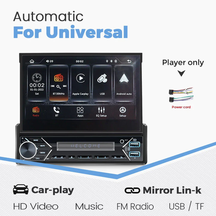 Universal 7" 1din Retractable Screen Car Radio Android Auto Carplay Multimedia Video Player Intelligent Vehicle System BT FM USB