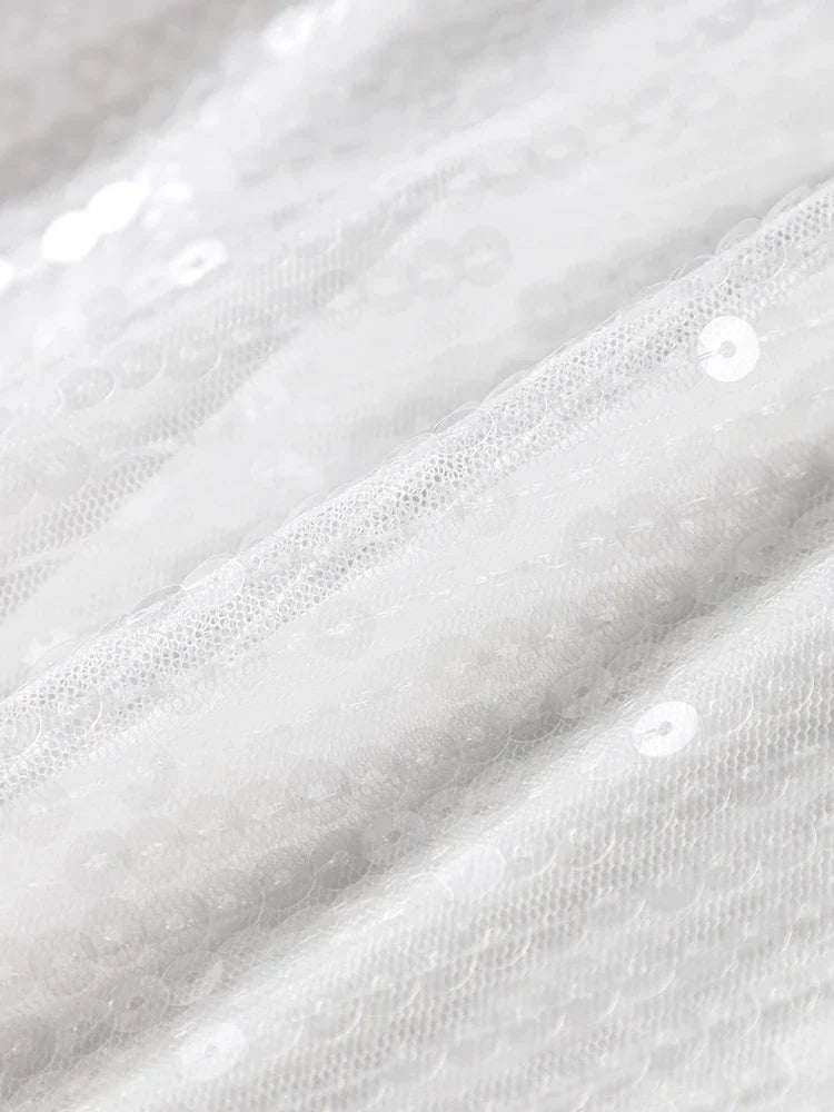 Women's Sparkling Backless Long Sleeved Dress Silver White Sexy Gauze Short Dresses Shiny Lining Elegant Summer Autumn Lady Top