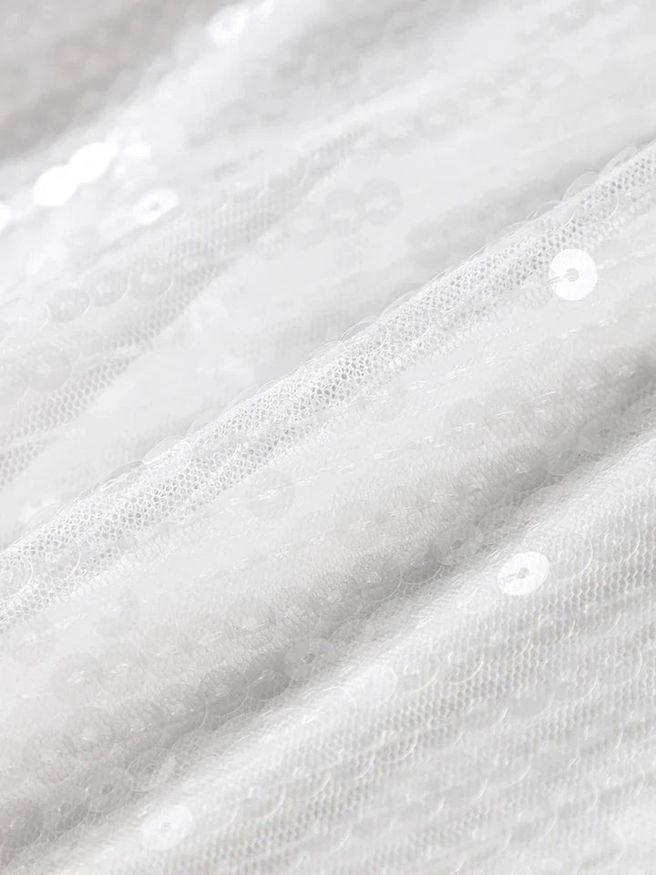 Women's Sparkling Backless Long Sleeved Dress Silver White Sexy Gauze Short Dresses Shiny Lining Elegant Summer Autumn Lady Top