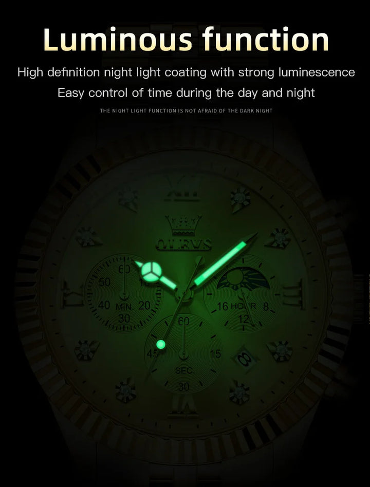 OLEVS Brand Luxury Original Men's Watches Waterproof Moon Phase Quartz Watch Luminous Gold Stainless Steel Strap Male Wristwatch