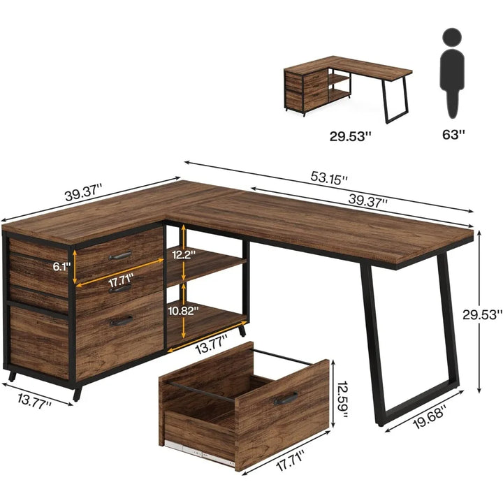 L-Shaped Office Computer Desk with Drawers