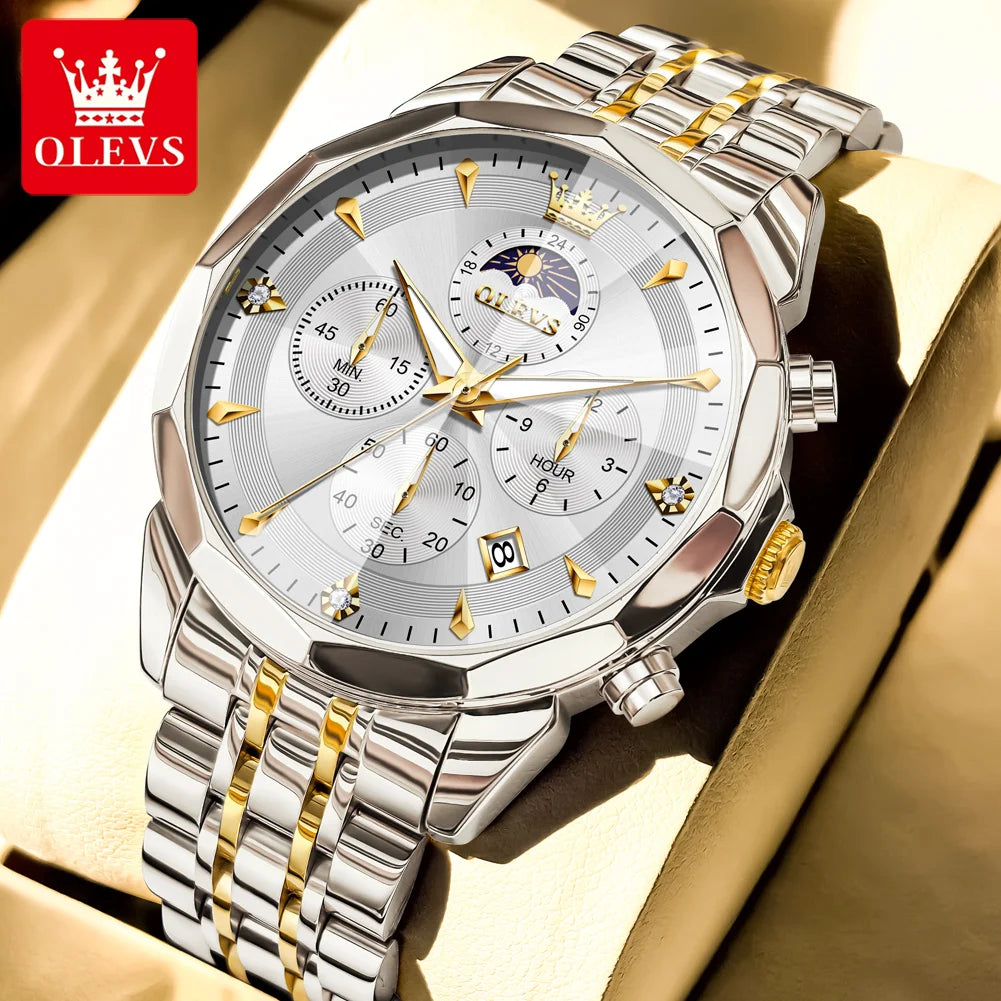 OLEVS 3673 Mens Watch Original Business Brand Quartz Watch Rhombus Mirror Waterproof Luminous Automatic Date Moon Phase Watch