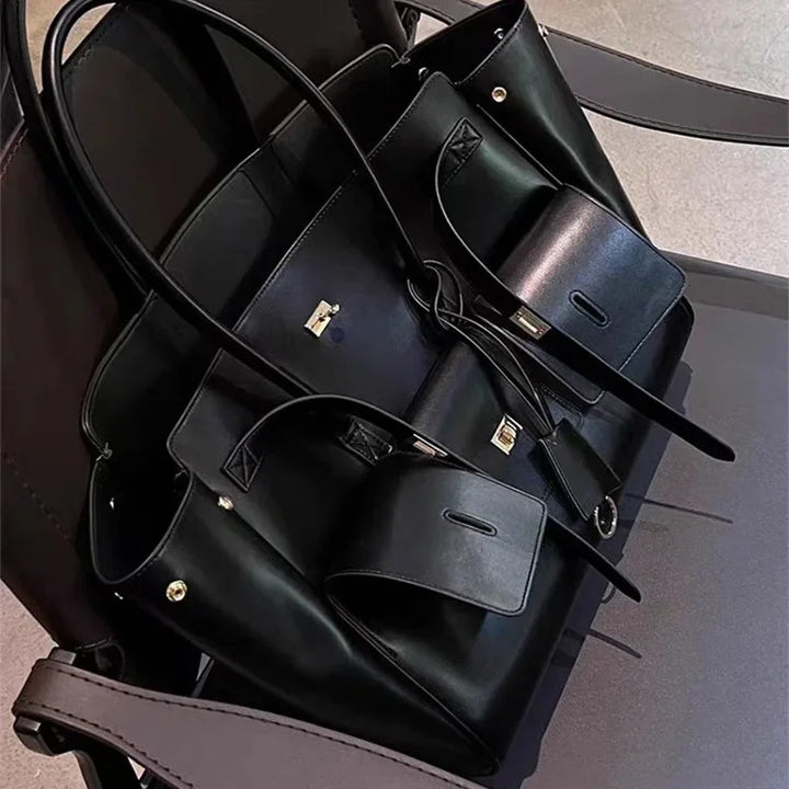 Luxury Brand Silver Buckle Fashion Genuine Leather Handbag New Large Capacity Tote Bag Designer Women's Commuter Shoulder Bag