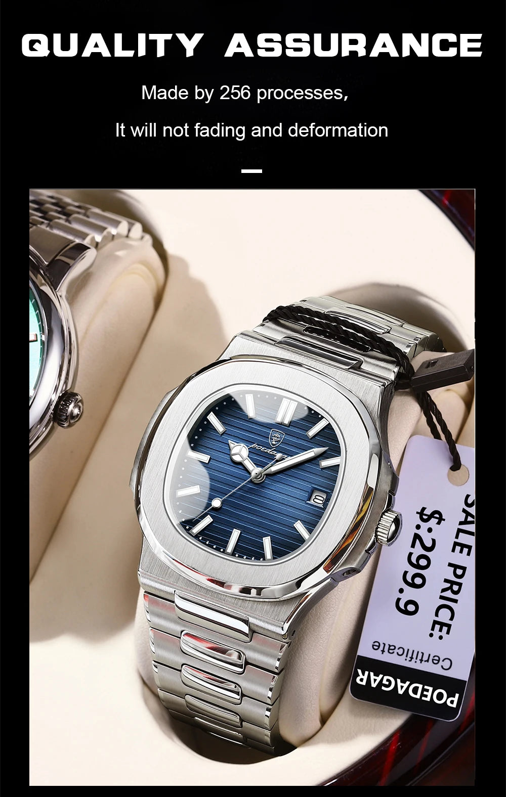 POEDAGAR Luxury Casual Watch Top Brand Fashion Square Dial Stainless Steel Calendar Luminous Waterproof Men Watch Male Clock+Box