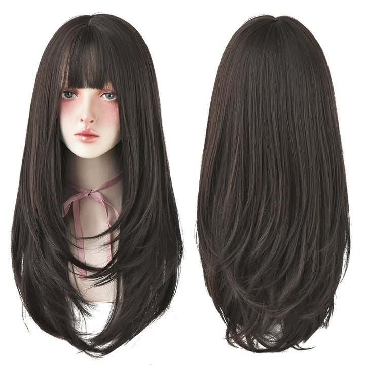 7JHHWIGS Long Wavy Synthetic Black Wigs For Women With Fringe Fashion Heat Resistant Mid-Length Daily Straight Light Brown Hair
