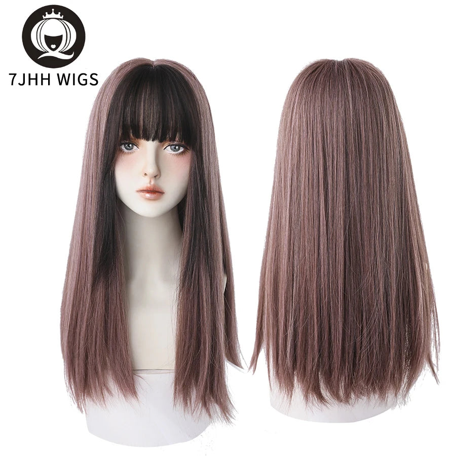 7JHHWIGS Long Wavy Synthetic Black Wigs For Women With Fringe Fashion Heat Resistant Mid-Length Daily Straight Light Brown Hair