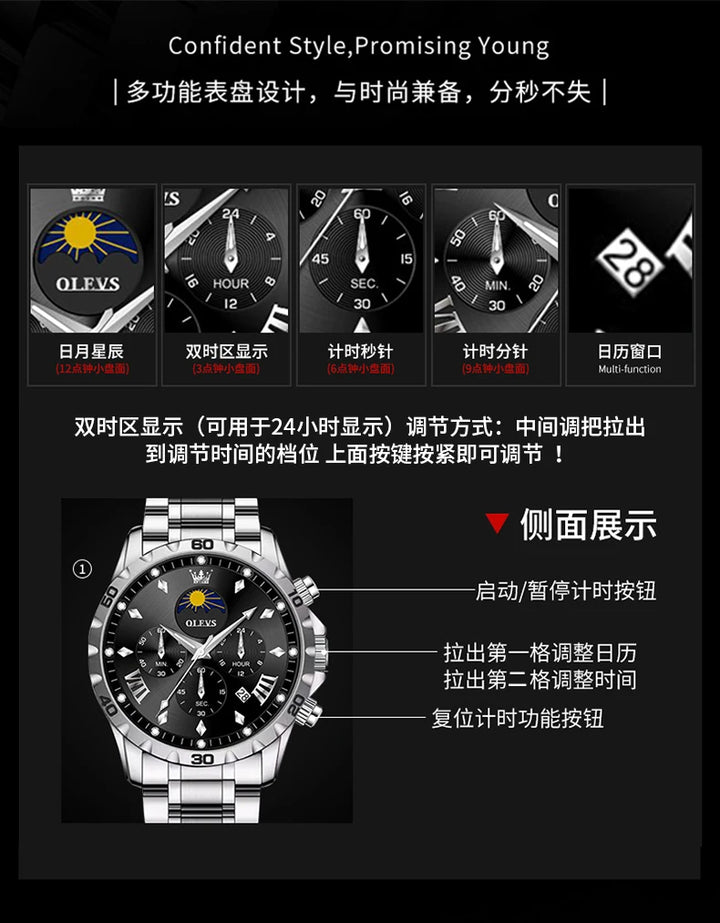 OLEVS Original Moon Phase Men Watches Luminous Skeleton Waterproof Quartz Watch Calendar Chronograph Stainless Steel Wristwatch