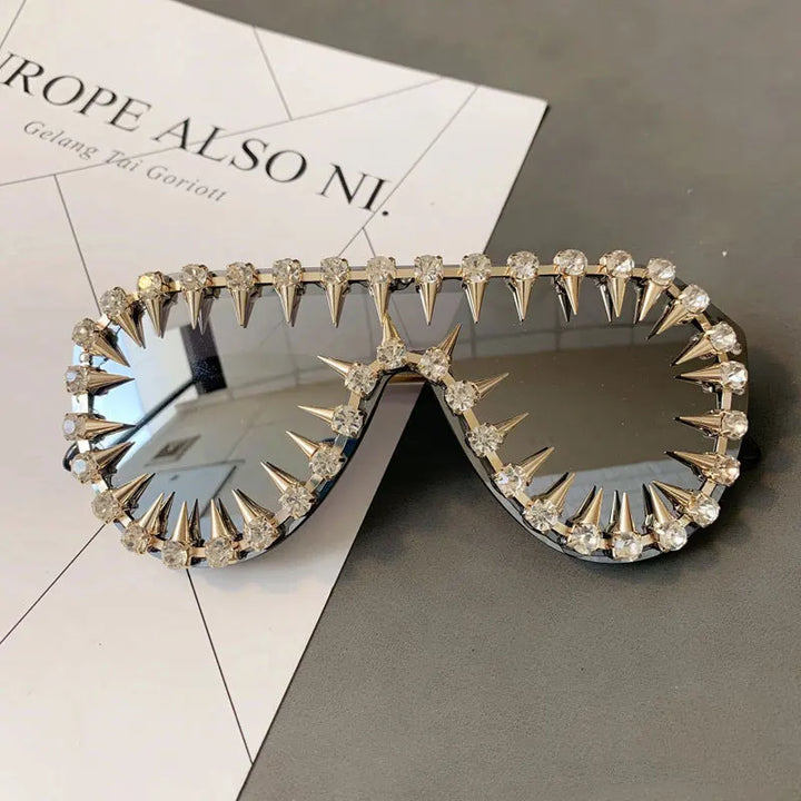 Steampunk Nail Diamond Oversized Sunglasses For Women Luxury Punk Rhinestones One Piece Sun Glasses Men Hip Hop Shades Eyewear