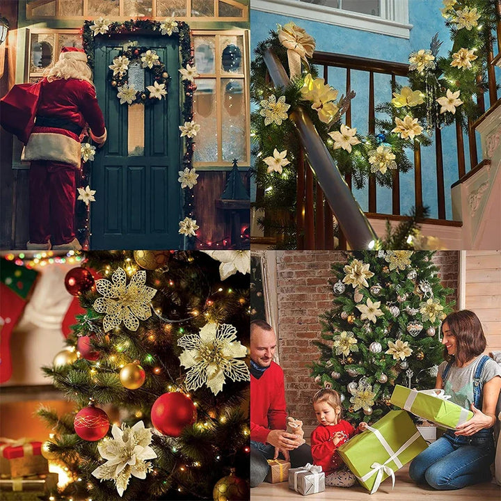 Glitter Artificial Christmas Flowers Set