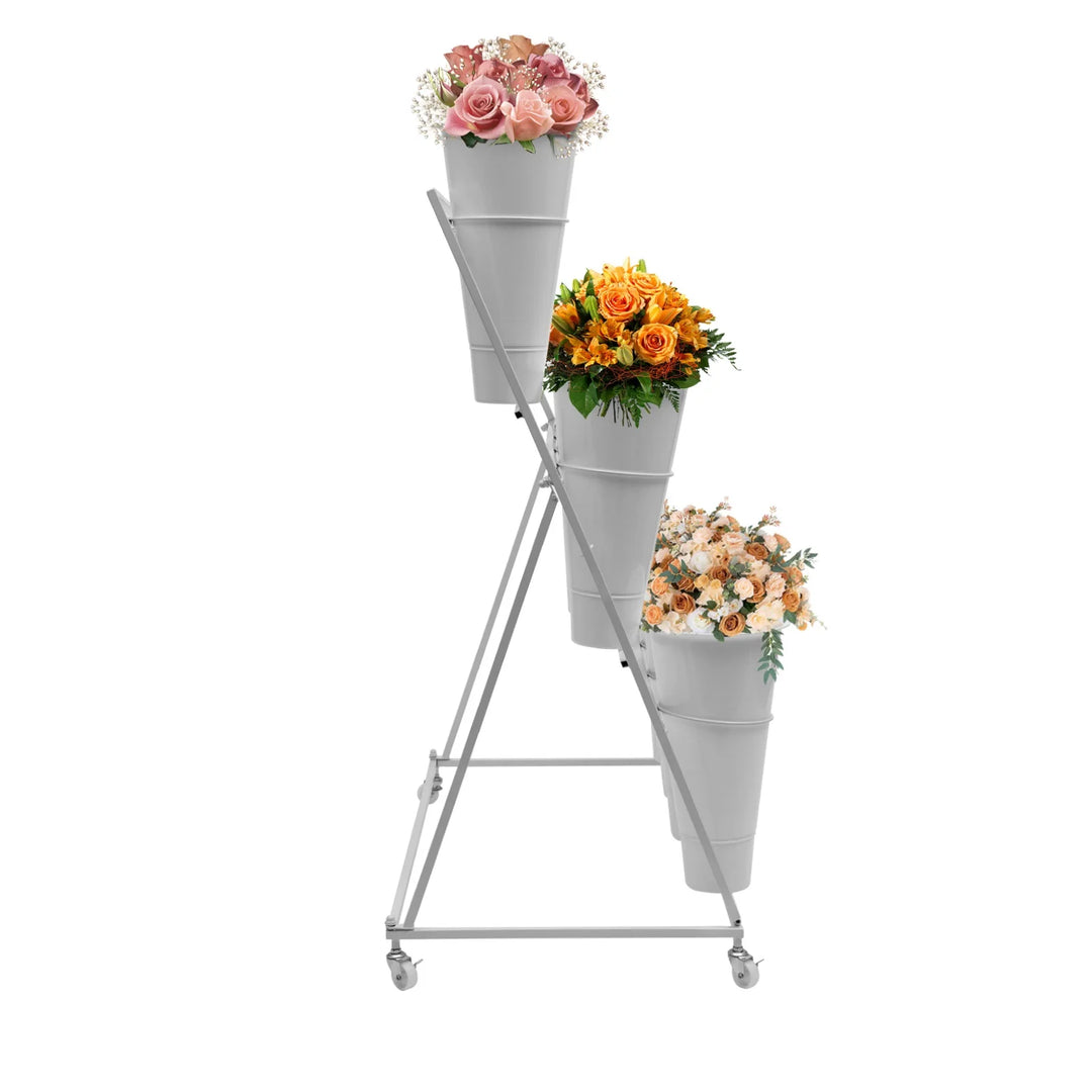 3 Layers Flower Display Stand Movable Modern Metal Plant Shelf with 12Pcs Flower Buckets & Wheels for Home Garden Patio Balcony