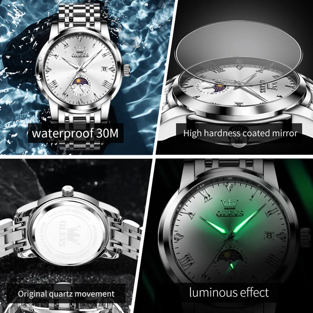 OLEVS Top Brand Men's Watches Fashion Original Quartz Watch for Man Waterproof Stainless Steel Luminous Wristwatch Moon Phase