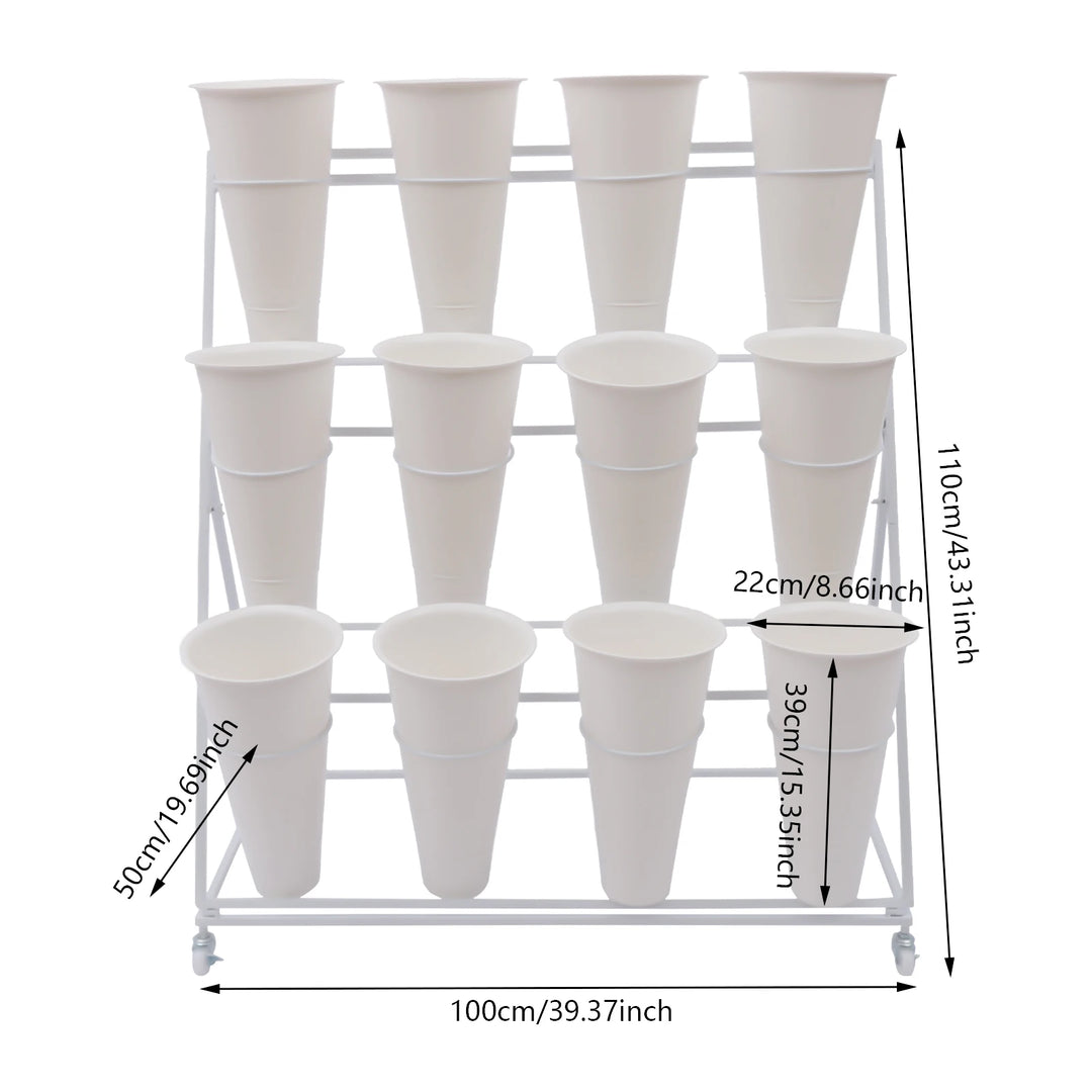 3 Layers Flower Display Stand Movable Modern Metal Plant Shelf with 12Pcs Flower Buckets & Wheels for Home Garden Patio Balcony
