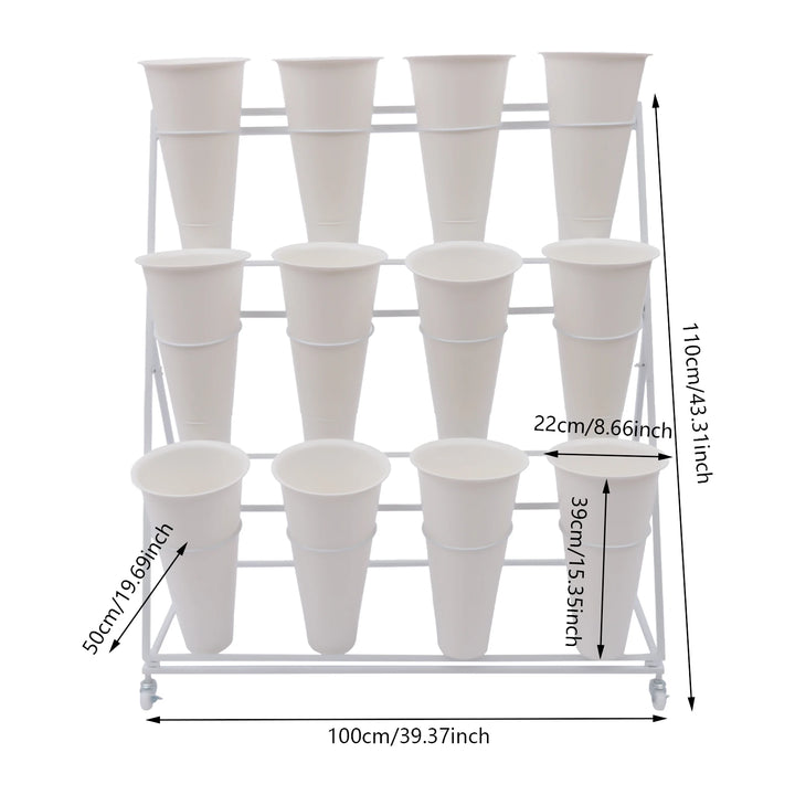 3 Layers Flower Display Stand Movable Modern Metal Plant Shelf with 12Pcs Flower Buckets & Wheels for Home Garden Patio Balcony