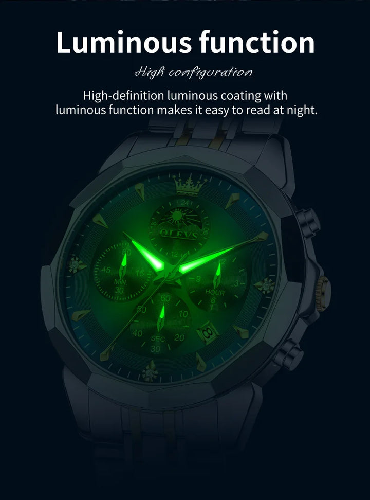 OLEVS 3673 Mens Watch Original Business Brand Quartz Watch Rhombus Mirror Waterproof Luminous Automatic Date Moon Phase Watch