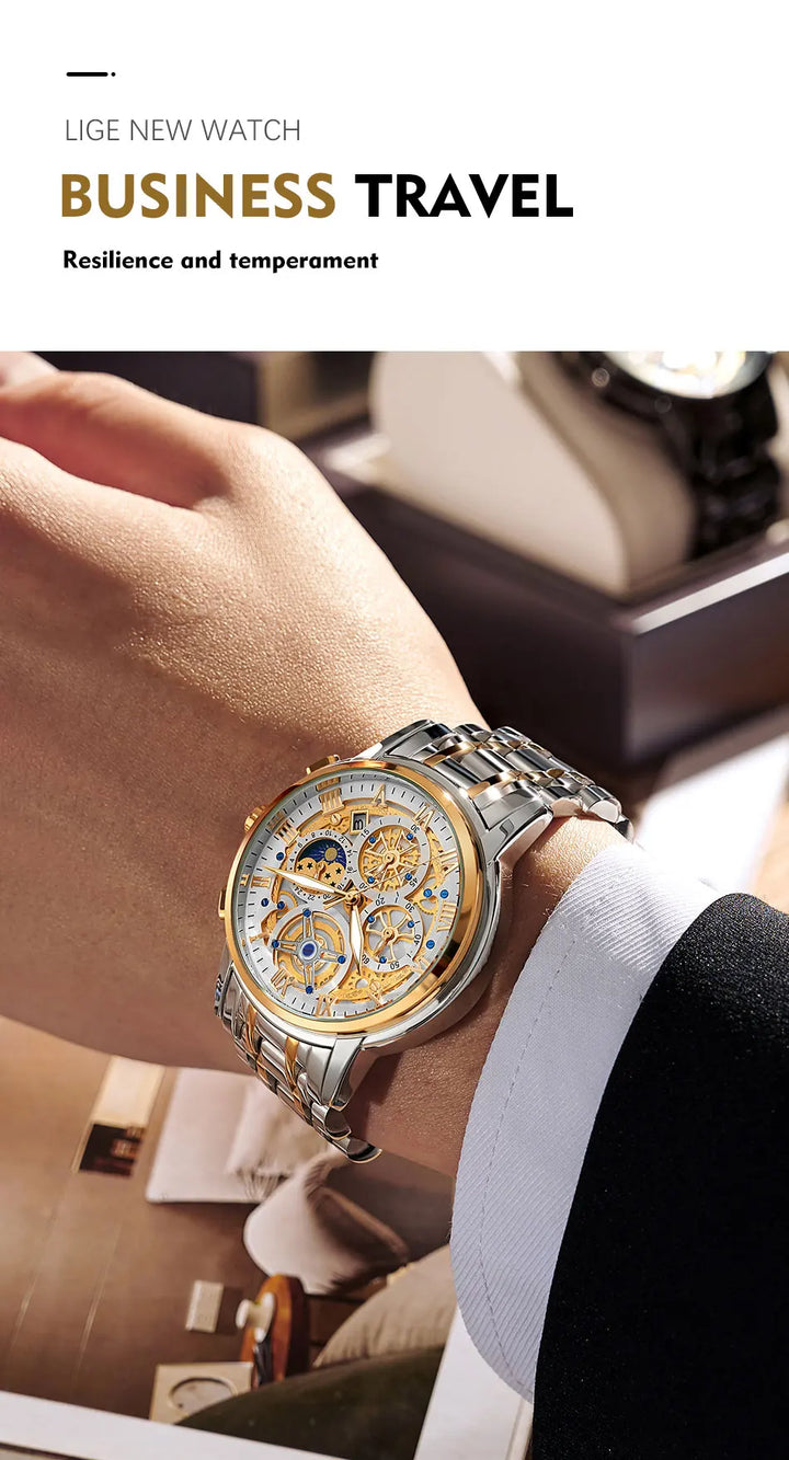 LIGE Luxury Fashion Men Watch Waterproof Luminous Date Man Wristwatch Stainless Steel Chronograph Quartz Men's Watches Reloj