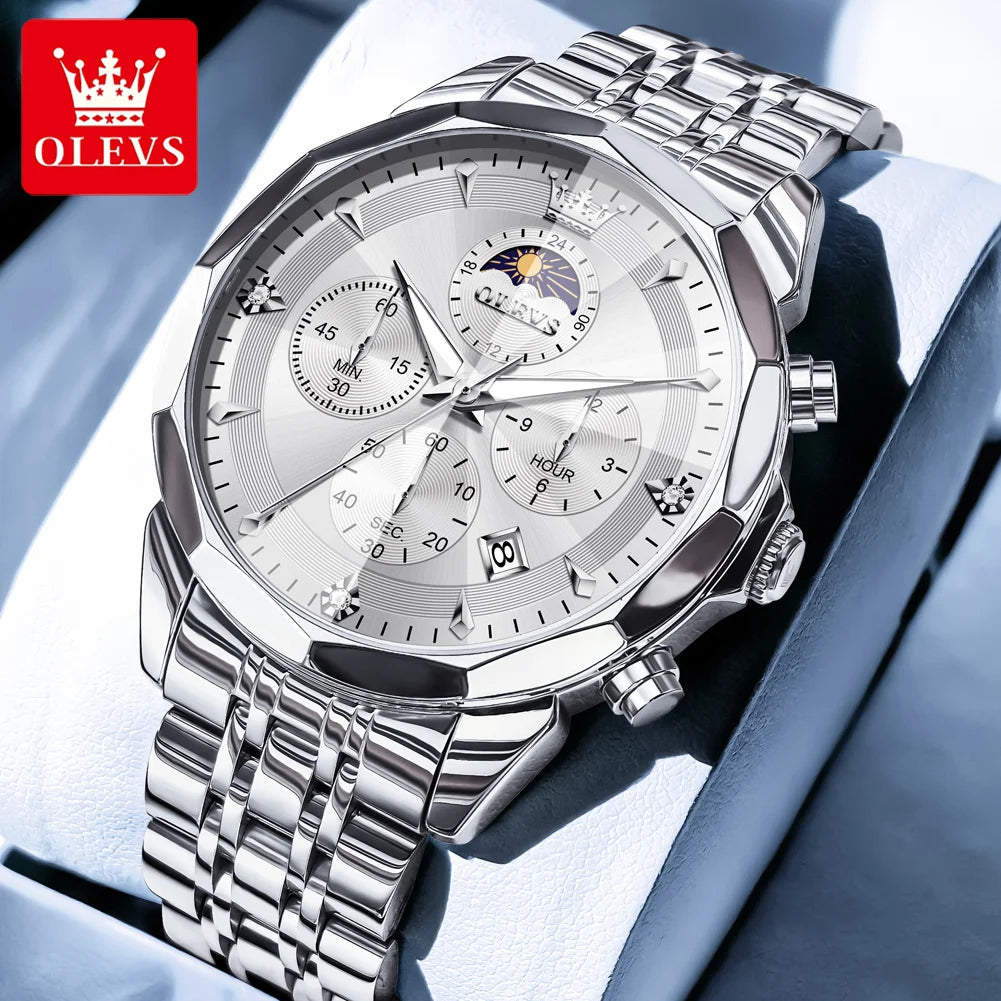 OLEVS 3673 Mens Watch Original Business Brand Quartz Watch Rhombus Mirror Waterproof Luminous Automatic Date Moon Phase Watch
