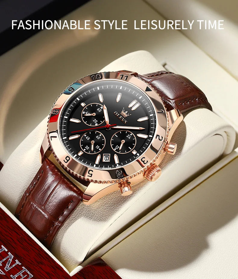 OLEVS Original Quartz Watch for Men Leather Strap Chronograph Calendar Waterproof Luminous Men's Wristwatches Relógio Masculino