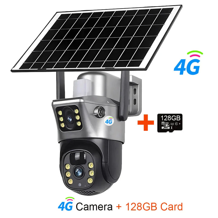 4G Sim Card Solar Camera Dual Lens Outdoor 8MP 4K Low Power Battery IP Camera PIR Night Vision V380 Pro CCTV Security Protection
