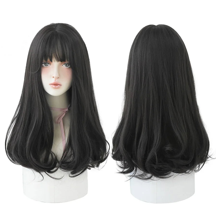 7JHHWIGS Long Wavy Synthetic Black Wigs For Women With Fringe Fashion Heat Resistant Mid-Length Daily Straight Light Brown Hair