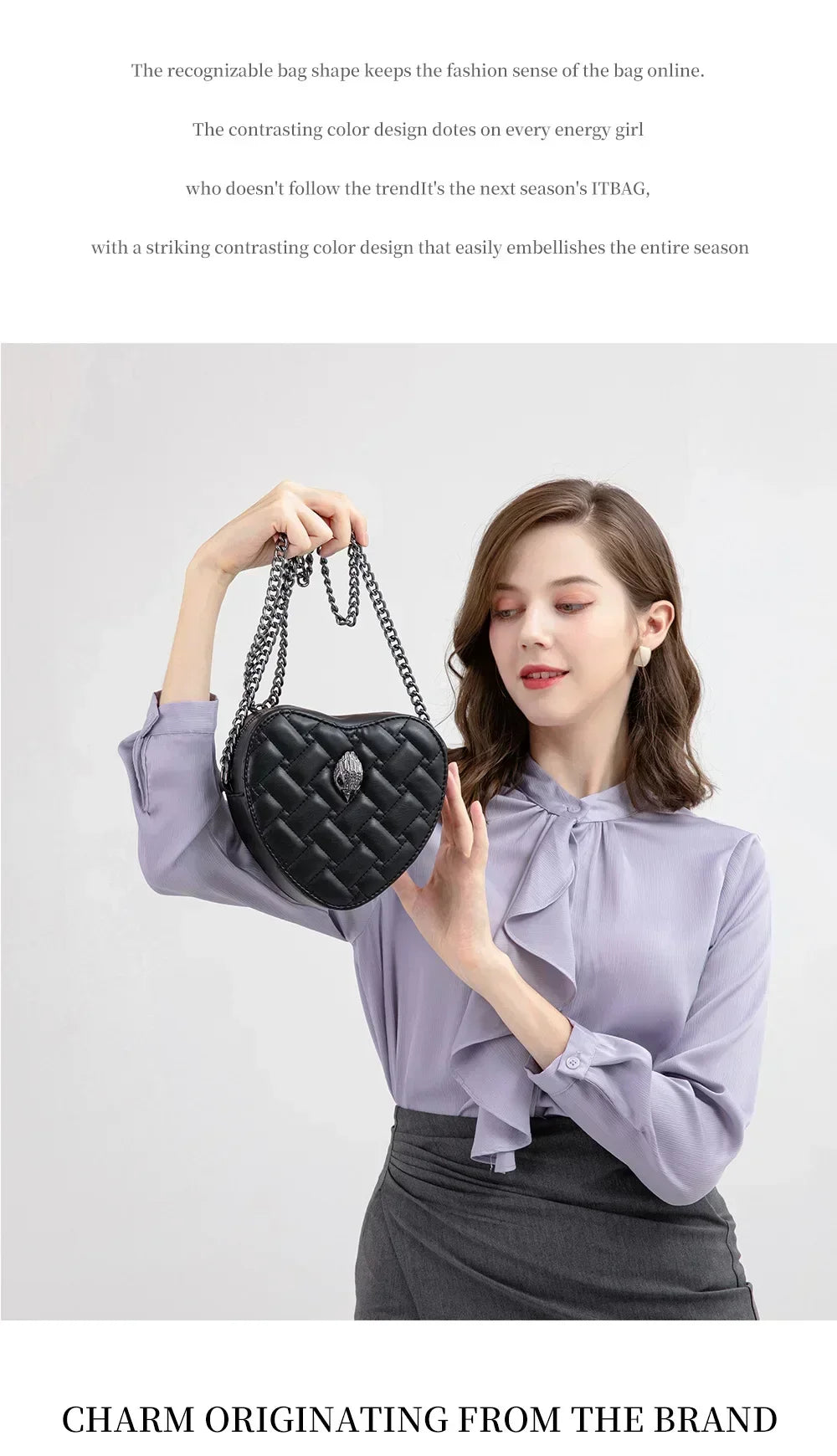 2024 Women's Heart-Shaped Herringbone Crossbody Bag with Eagle and Bird Head Shoulder Bag Chain Purse