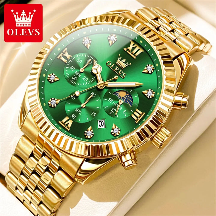 OLEVS Men's Watches Luxury Gold Original Quartz Watch for Man Waterproof Classic Commemorative Strap Moon Phase Chronograpgh