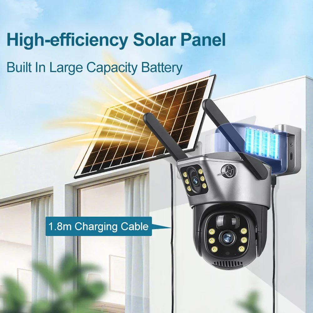4G Sim Card Solar Camera Dual Lens Outdoor 8MP 4K Low Power Battery IP Camera PIR Night Vision V380 Pro CCTV Security Protection