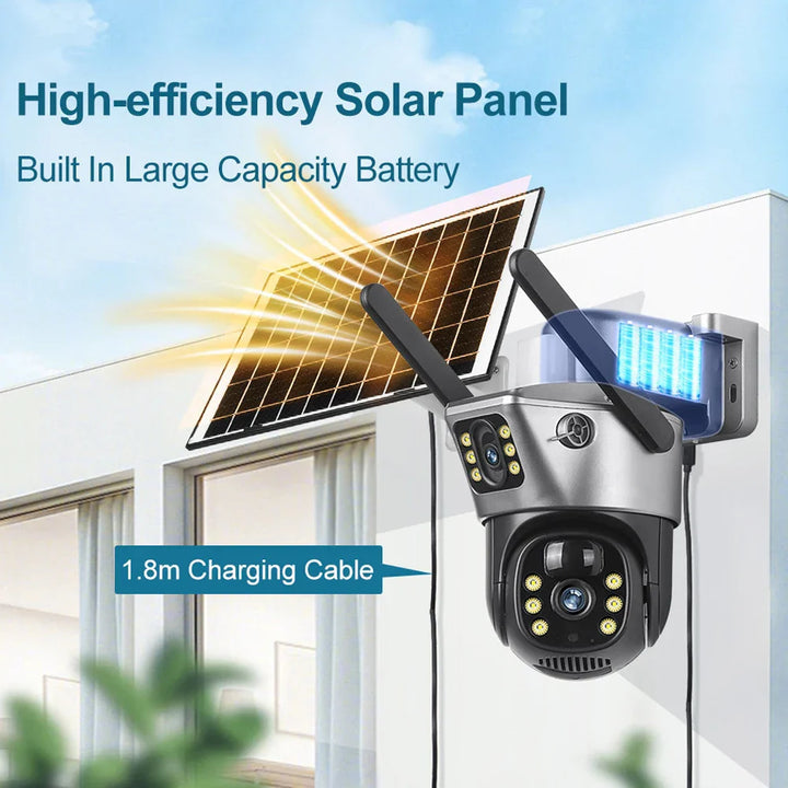 4G Sim Card Solar Camera Dual Lens Outdoor 8MP 4K Low Power Battery IP Camera PIR Night Vision V380 Pro CCTV Security Protection