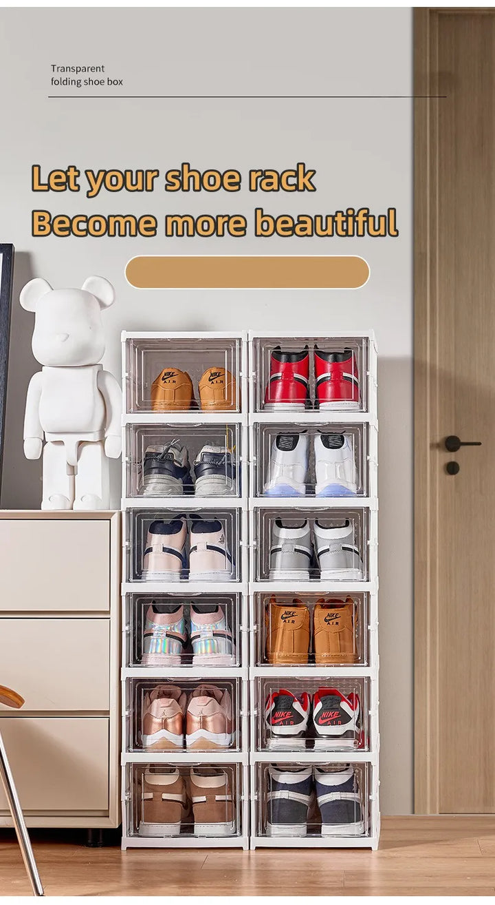 Shoes Storage Box Foldable Transparent Sneaker Shoe Organizers Cabinet Stackable Dustproof High-top Cabinet Shoe Rack Shelf
