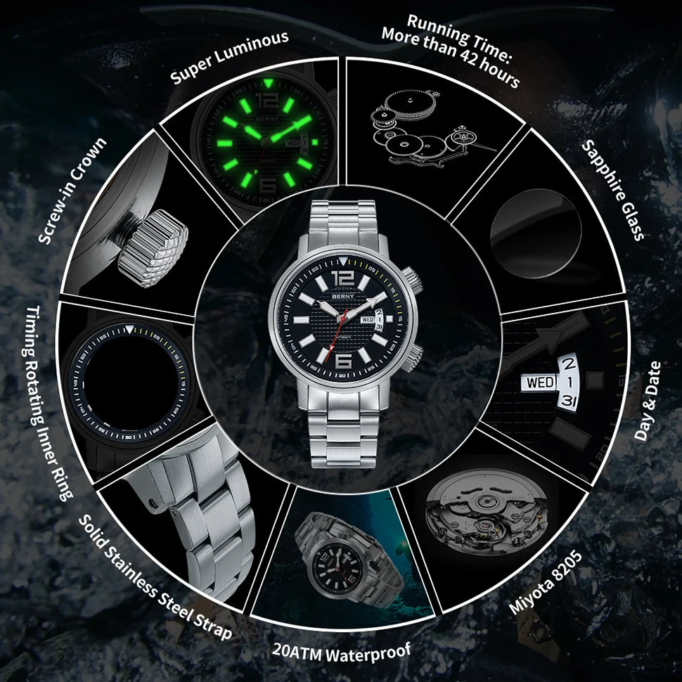 20Bar Diver Automatic Watch For Men Miyota 8205 Super Luminous Sapphire Swim Sport Mechanical Automatic Self Winding Wristwatch