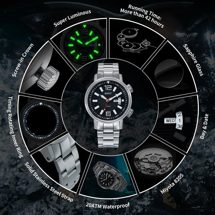 20Bar Diver Automatic Watch For Men Miyota 8205 Super Luminous Sapphire Swim Sport Mechanical Automatic Self Winding Wristwatch