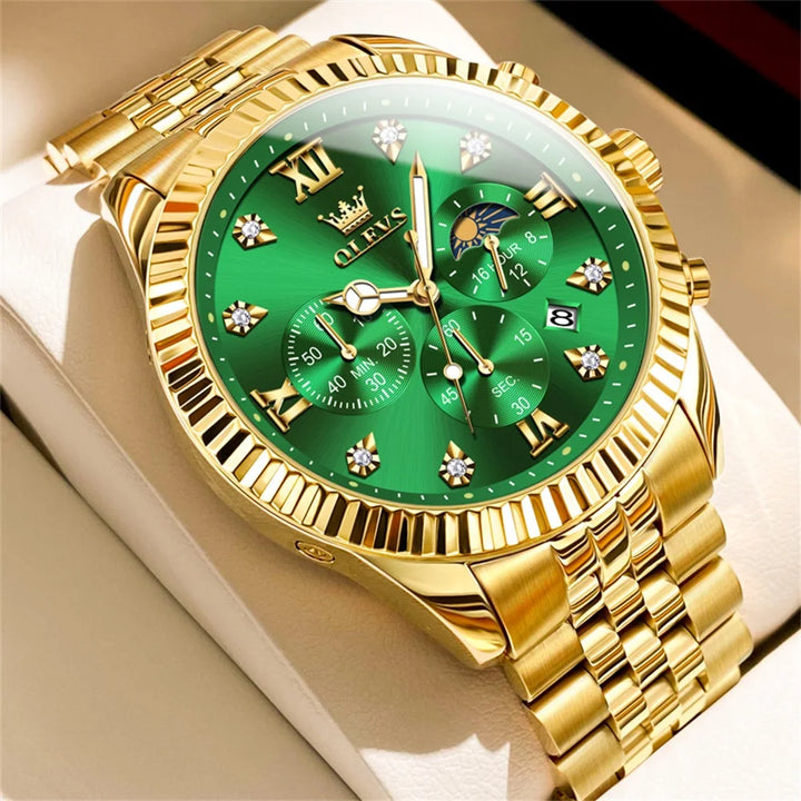 OLEVS Men's Watches Luxury Gold Original Quartz Watch for Man Waterproof Classic Commemorative Strap Moon Phase Chronograpgh