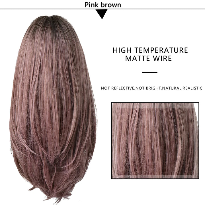 7JHHWIGS Long Wavy Synthetic Black Wigs For Women With Fringe Fashion Heat Resistant Mid-Length Daily Straight Light Brown Hair