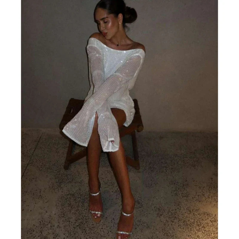 Women's Sparkling Backless Long Sleeved Dress Silver White Sexy Gauze Short Dresses Shiny Lining Elegant Summer Autumn Lady Top