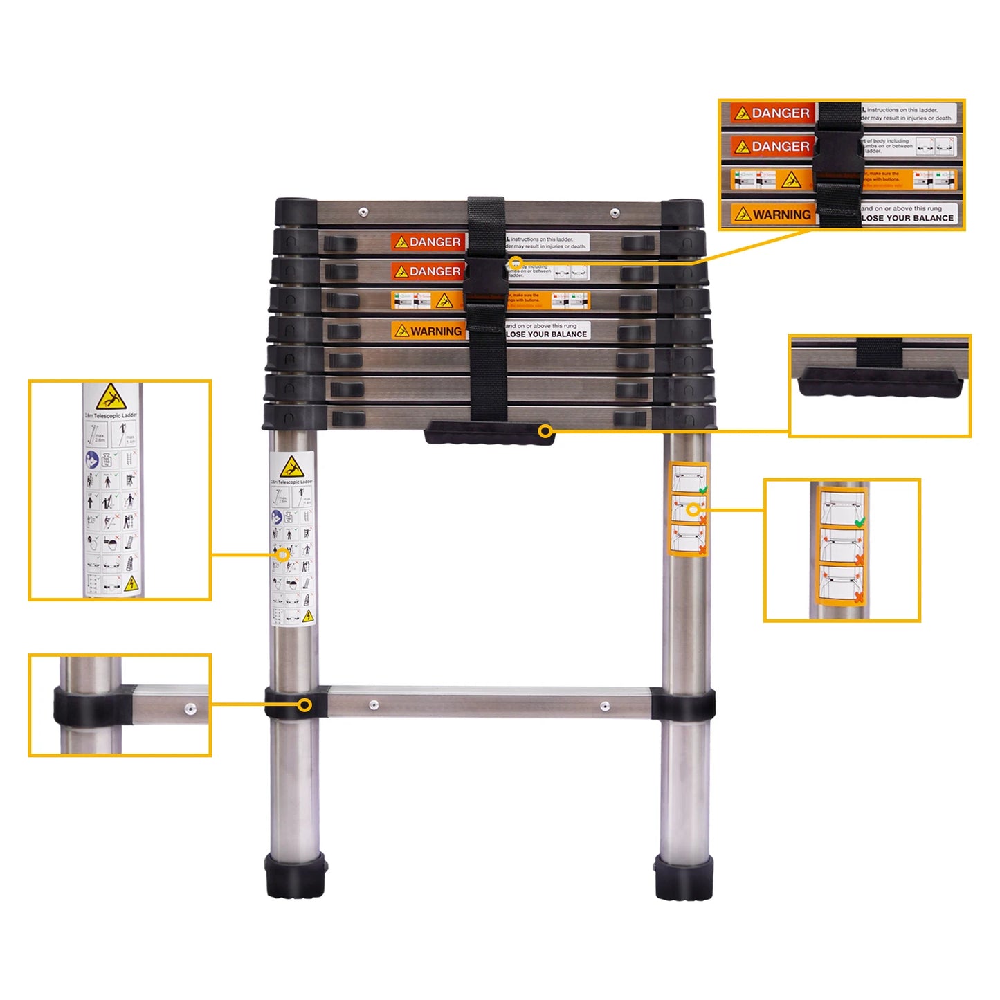 Telescopic Ladder 2.6M-5M Multi-Purpose Steel Extendable Ladder with Anti-Slip Feet,EN131 Sturdy Loft Collapsible for Attic Roof
